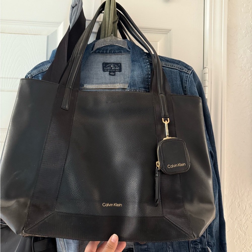 Calvin Klein Black Leather Tote Bag with Gold Accents